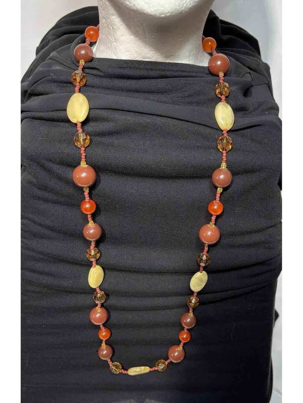 Vintage Style Orange Amber Lucite Acrylic Bead Necklace Retro Long Boho